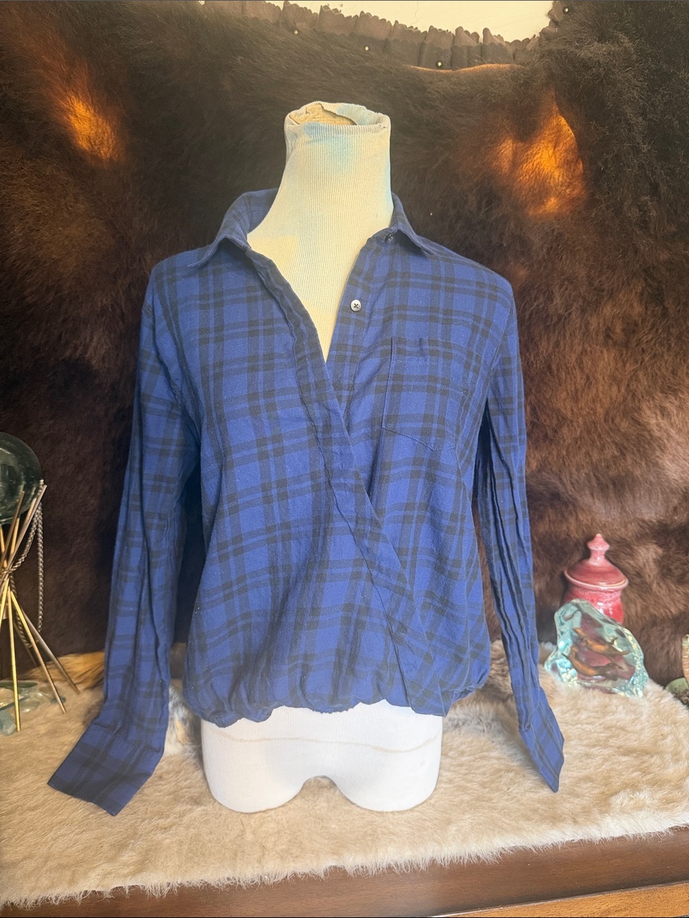 Madewell Blue Plaid Button-Down Wrap-Style Shirt S (4080)